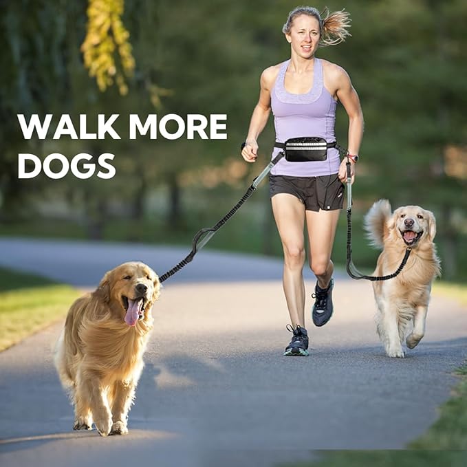 Hands Free Dog Leash, Double Dog Leash with Waist Bag, Double Padded Handles, Dog Walking Running Accessory, (Large, 26-120 lbs)