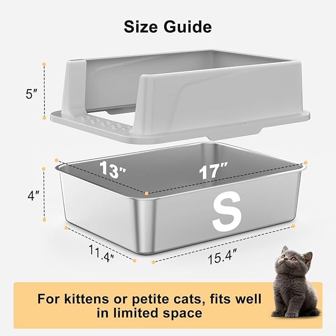 FURTIME Stainless Steel Cat Litter Box with Lid, Metal Kitty Litter Box for Small Cats, Kitten Litter Boxs with Scoop and Mat, Non-Sticky, Anti-Leakage, Easy to Clean, 17"x13"x8.4" (Small)