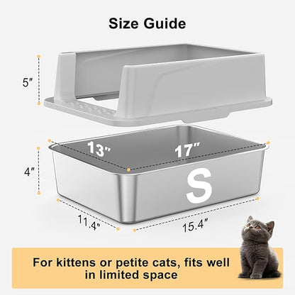 FURTIME Stainless Steel Cat Litter Box with Lid, Metal Kitty Litter Box for Small Cats, Kitten Litter Boxs with Scoop and Mat, Non-Sticky, Anti-Leakage, Easy to Clean, 17"x13"x8.4" (Small)