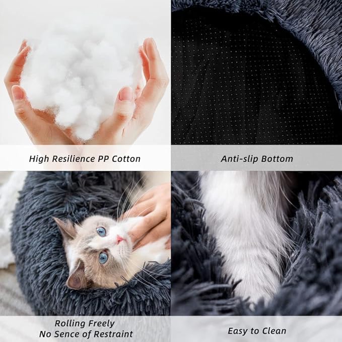 Cat Beds for Indoor Cats - Cat Bed Washable 20 inches, Dog Beds for Small Medium Dogs, Anti Anxiety Round Fluffy Plush Faux Fur Pet Bed, Thick Bottom (Dark Grey, Medium)