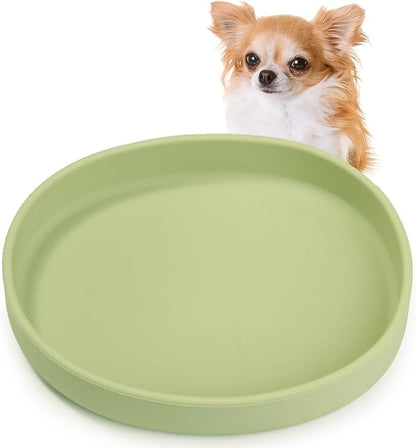 VCEPJH Silicone Dog Plates for Food Shallow Pet Bowl Flat Puppy Food Bowl Whisker Fatigue Cat Feeding Bowls Noiseless Dishes for Dry and Wet Food (Square-Round Green)