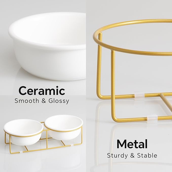 Elevated Dog Bowls for Food and Water - Double Ceramic Bowls with Metal Stand - Pet Feeding Set for Small Dogs and Cats - Each Holds 400ml / 2 Cups (Approx. 200g) - White