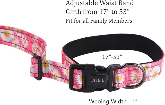 Hands Free Dog Leash, No Pull Bungee Dog Running Waist Leash, with Car Seat Belt, Reflective Stripes, Heavy Duty for Medium and Large Dogs. (Daisy Pink, Large)