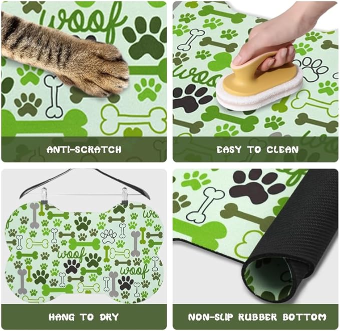 Dog Food Mats for Floors Waterproof, Pet Feeding Absorbent Water Bowl Mat Cat Placemats Green Bone Shape 19 * 12 inch