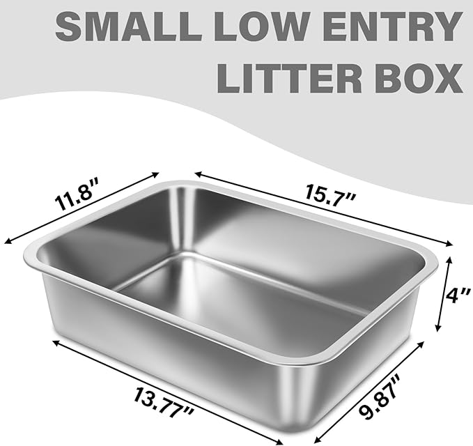 Small Stainless Steel Litter Box 2 Pack,15.7"x11.8"x4" Small Litter Box for Kittens, Easy Clean Non Stick Easy Entry No Smell Metal Litterbox for Kitty/Rabbits