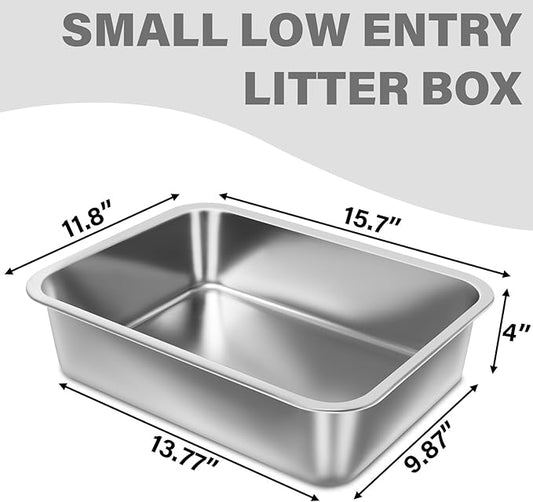 Small Stainless Steel Litter Box 2 Pack,15.7"x11.8"x4" Small Litter Box for Kittens, Easy Clean Non Stick Easy Entry No Smell Metal Litterbox for Kitty/Rabbits