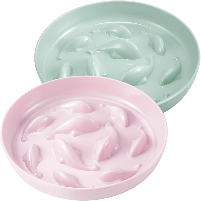 Nitial 2 Pcs Cat Slow Feeder Bowl Fish Pool Design Feeder Dish Fun Interactive Cat Food Bowl Healthy Eating Diet Bowls for Pet Puppy Dogs Dishwasher Safe(Green, Pink)