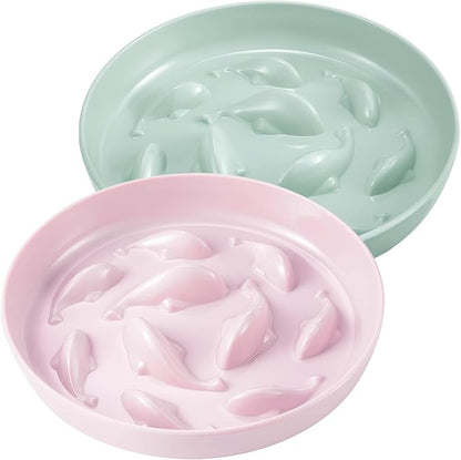Nitial 2 Pcs Cat Slow Feeder Bowl Fish Pool Design Feeder Dish Fun Interactive Cat Food Bowl Healthy Eating Diet Bowls for Pet Puppy Dogs Dishwasher Safe(Green, Pink)