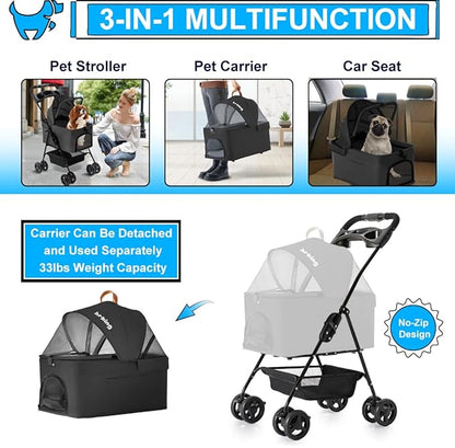 3-in-1 Pet Stroller for Small Dogs and Cats, Folding Lightweight Dog Stroller with Detachable Carrier Portable Cat Puppy Jogging Stroller with Cup Holder and Storage Basket, 4 Wheels
