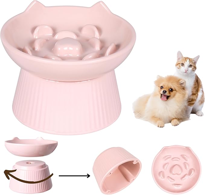 Unbreakable Raised Slow Feeder Bowl for Cats and Small Dogs, Elevated Cat Bowls, Detachable Slow Feede Bowl, Heavy Weighted, Non-Slip Feeder, Dry & Wet Food, Whisker Friendly (Pink; 6.2'')