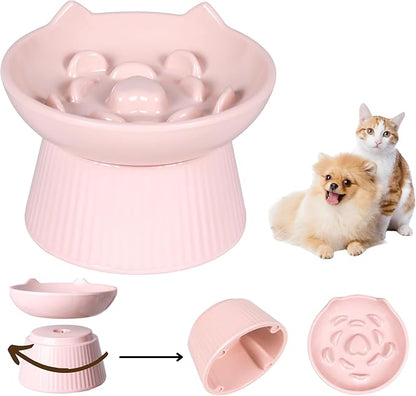 Unbreakable Raised Slow Feeder Bowl for Cats and Small Dogs, Elevated Cat Bowls, Detachable Slow Feede Bowl, Heavy Weighted, Non-Slip Feeder, Dry & Wet Food, Whisker Friendly (Pink; 6.2'')