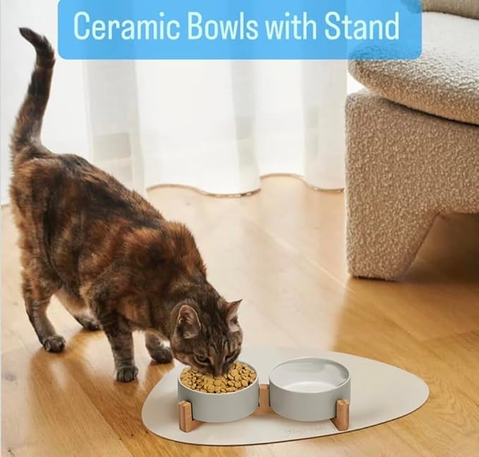 Ceramic Cat and Small Dog Bowl Set – Modern Indoor Small Size Pet Food and Water Bowls with Wood Stand – Non Slip Puppy Sized Feeding Station with Double Dishes (Gray)