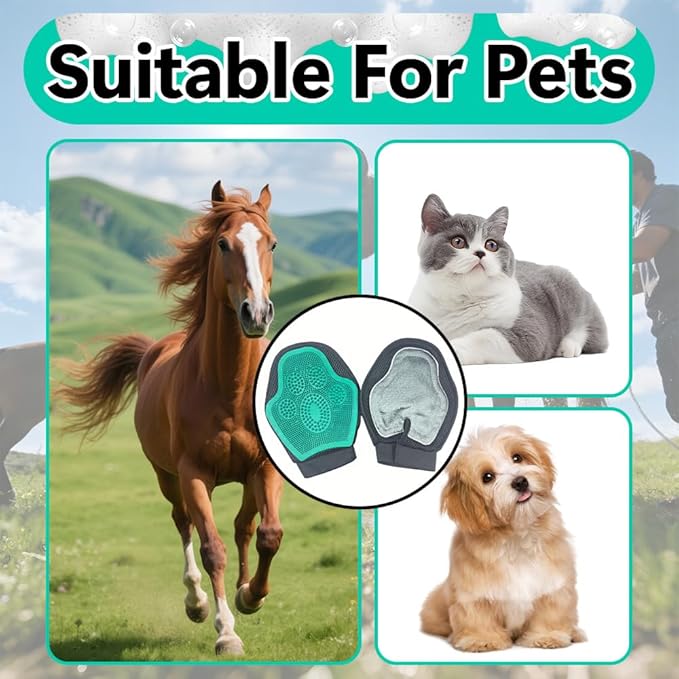 Pet Hair Removal Glove for Horses, 2-in-1 Double-Sided Pet Grooming Glove, Silicone Horse Hair Remover/Shower Grooming Brush to Prevent Electrostatic for Dogs and Cats (Standard Size)