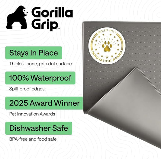 GORILLA GRIP 100% Waterproof Raised Edge BPA Free Silicone Pet Feeding Mat, Dog Cat Food Mats Contain Spills Protects Floors, Placemats for Cats and Dogs Water Bowl, Pets Accessories 32x24 Gray