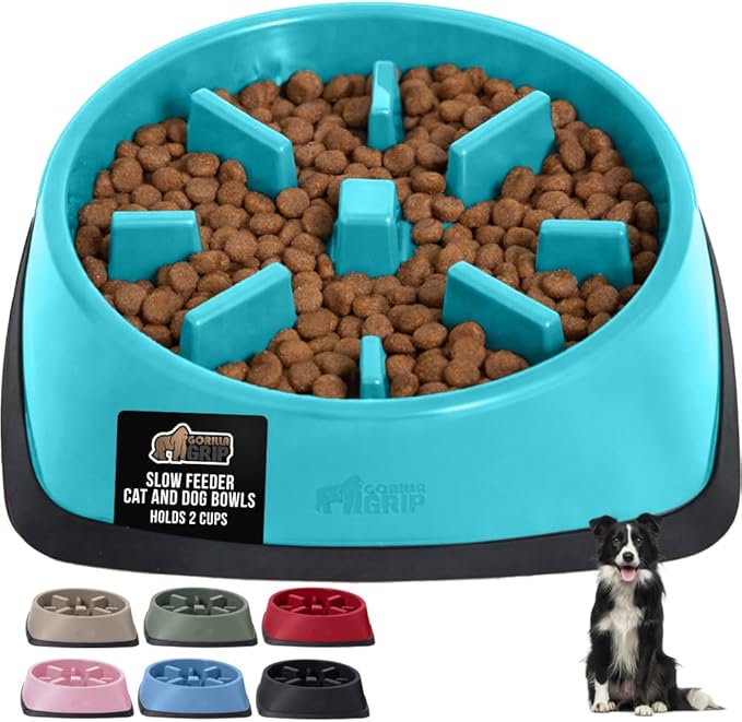 GORILLA GRIP Patented BPA Free Slow Feeder Dog Bowls, Interactive Puzzle Toy for Dogs and Cats Food Training Enrichment, Keeps Pets Busy and Prevents Puppy Overeating, All Breeds, 2 Cup, Turquoise