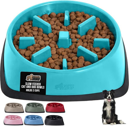GORILLA GRIP Patented BPA Free Slow Feeder Dog Bowls, Interactive Puzzle Toy for Dogs and Cats Food Training Enrichment, Keeps Pets Busy and Prevents Puppy Overeating, All Breeds, 2 Cup, Turquoise