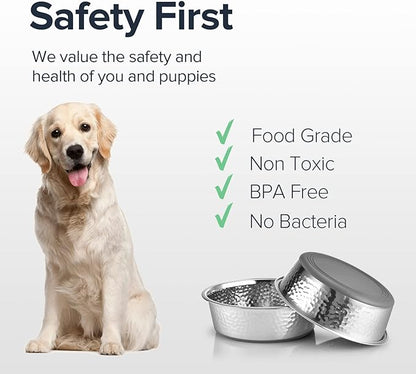 URBUDDIES 2 Pack Hammered Stainless Steel Dog Bowls, Premium Metal Dog Bowls with Non Slip Rubber Bottom, Dishwasher Safe, Easy to Clean, 8 Cup, Gray Bottom