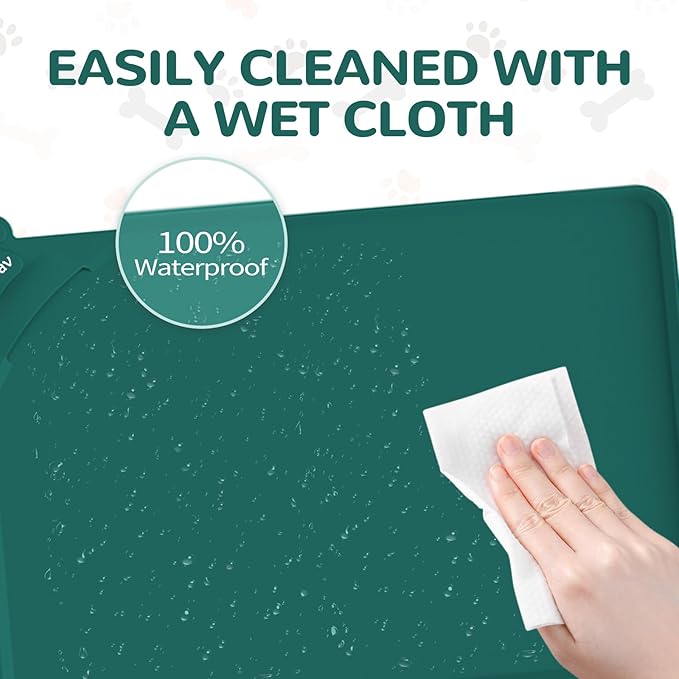 Silicone Pet Food Mat Dog Cat Waterproof Spill Proof Mess Control Easy Clean Floor Protector 18.8L x 11.8W Inch Green