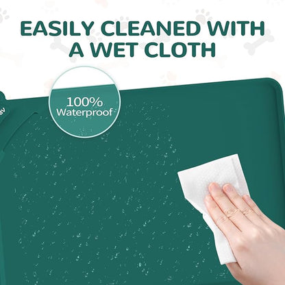 Waterproof Pet Feeding Mats with High Lips - Multiple Size and Colors, Silicone Mat, Nonslip Pet Food Mat for Dogs, Cats with Prevent Water goes Down (Green)