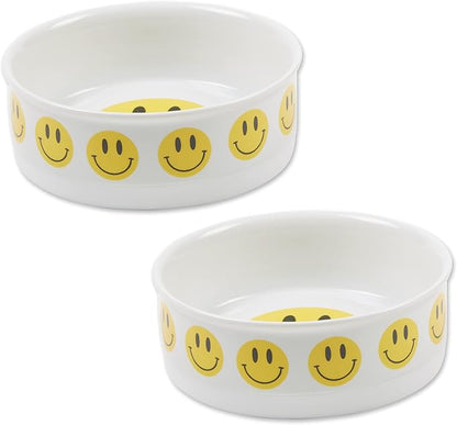 Bone Dry Ceramic Food Bowls, Non-Slip & Dishwasher Safe, Medium Set, 6x2, Smiley Face, 2 Count