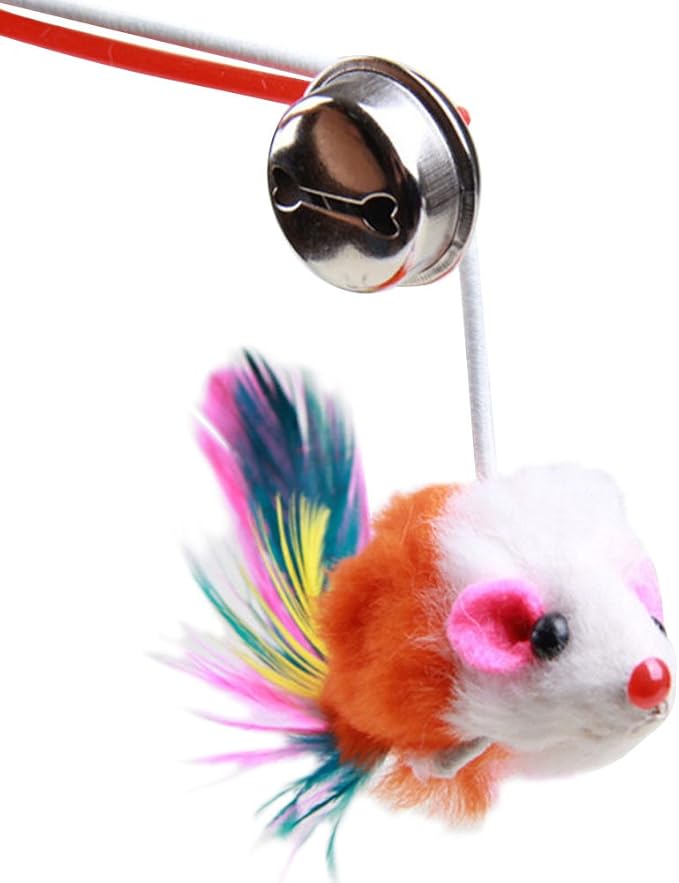 Giveme5 3pcs Funny Pet Feather False Mouse with Plastic Stick 31cm and Small Bell Cat Kitten Playing Scratch Toy (Color Random)
