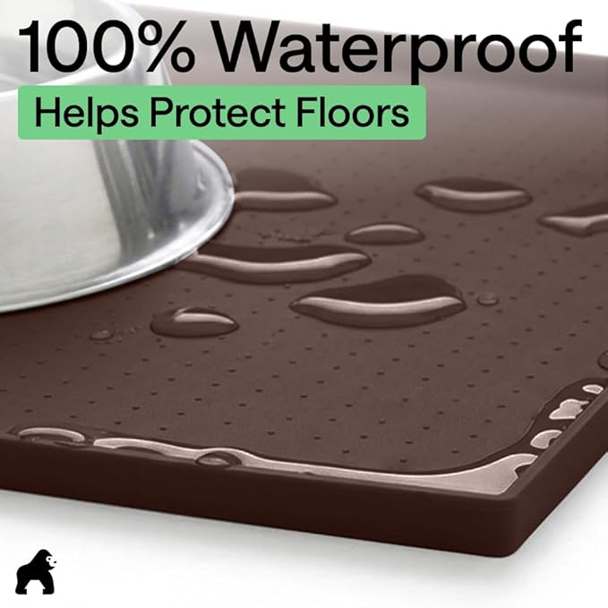 GORILLA GRIP 100% Waterproof Raised Edge BPA Free Silicone Pet Feeding Mat, Dog Cat Food Mats Contain Spills Protects Floors, Placemats for Cats and Dogs Water Bowl, Pets Accessories 18.5x11.5 Brown