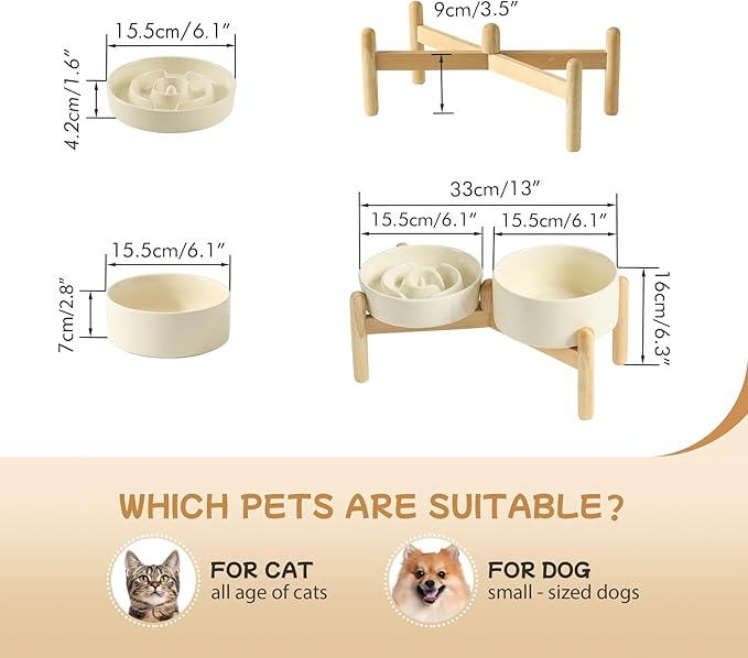 Ceramic 0.9 Cup Raised Slow Feeder Dog Bowl Set, Elevated 6.1inch Water Bowl and 6.1inch Slow Dish with Wooden Stand for Small Dogs (2 x Light Yellow+ Stand)