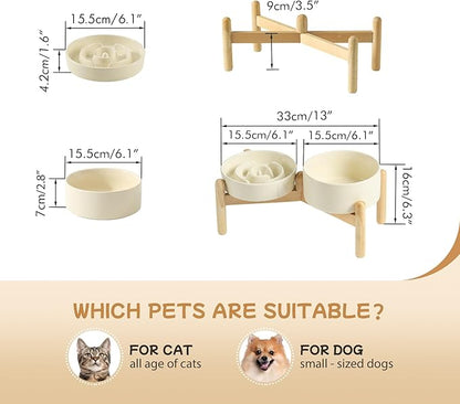 Ceramic 0.9 Cup Raised Slow Feeder Dog Bowl Set, Elevated 6.1inch Water Bowl and 6.1inch Slow Dish with Wooden Stand for Small Dogs (2 x Light Yellow+ Stand)