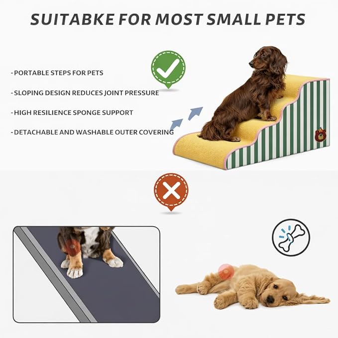 Dog Steps for Small Dogs, Dog Stairs for Bed, Curved Pet Stairs for Puppy and Cat, Doggie Ladder with Washable Cover, Pet Ramp for Sofa, Non-Slip Pet Stairs for Indoor Use(3 Step)