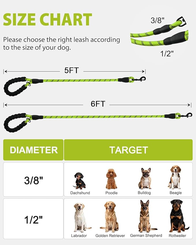 Joytale Dog Leash for Large Dogs, Heavy Duty Nylon Leashes with Comfortable Padded Handle and Highly Reflective Threads, Ideal for Walking and Training, Green, 6'×1/2''