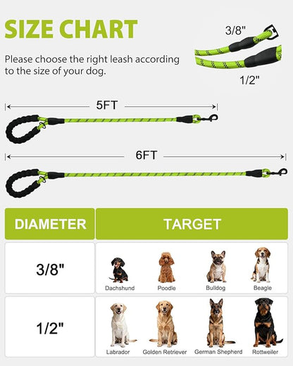 Joytale Dog Leash for Large Dogs, Heavy Duty Nylon Leashes with Comfortable Padded Handle and Highly Reflective Threads, Ideal for Walking and Training, Green, 6'×1/2''