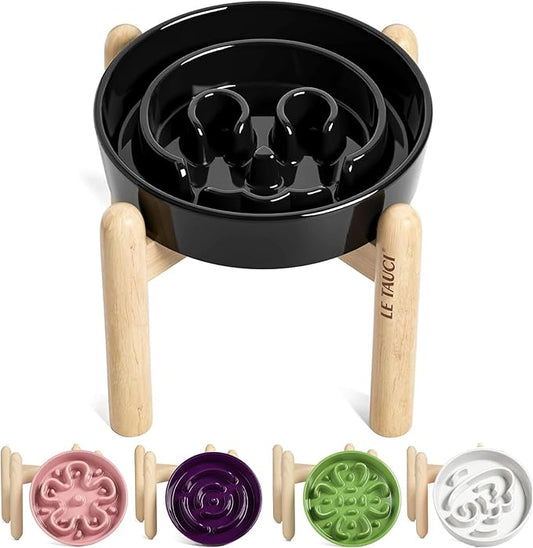 LE TAUCI Ceramic Slow Feeder Dog Bowls Elevated, 3 Cup Raised Bowl with Wooden Stand for Medium Large Breed, Slow Down Eating, Puzzle Dog Food Bowl,Skull Black