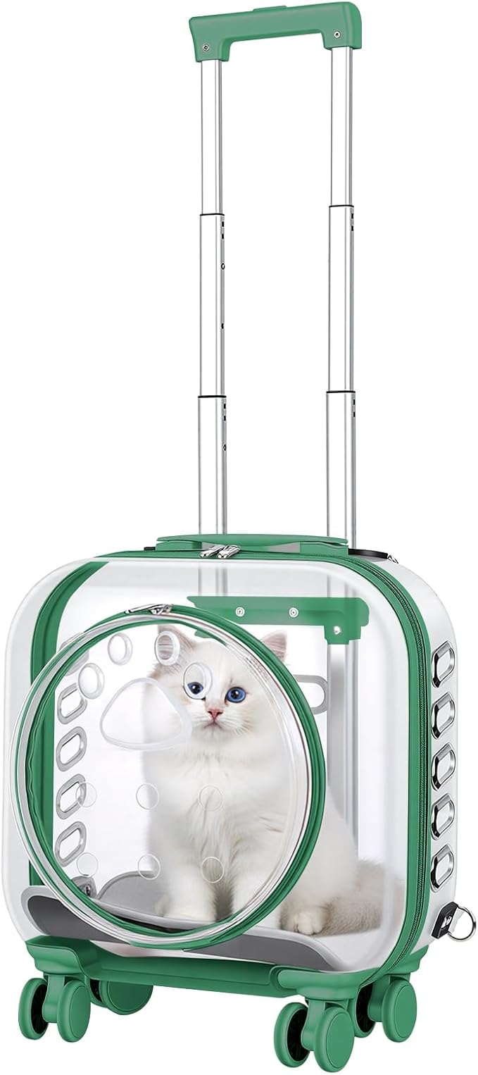 Pet Carrier with Wheels for Cats and Dogs, Clear Hard-Shell Rolling Pet Carrier with Retractable Handle, Airline-Approved Travel Carrier, Portable Cat and Dog Stroller (Green)