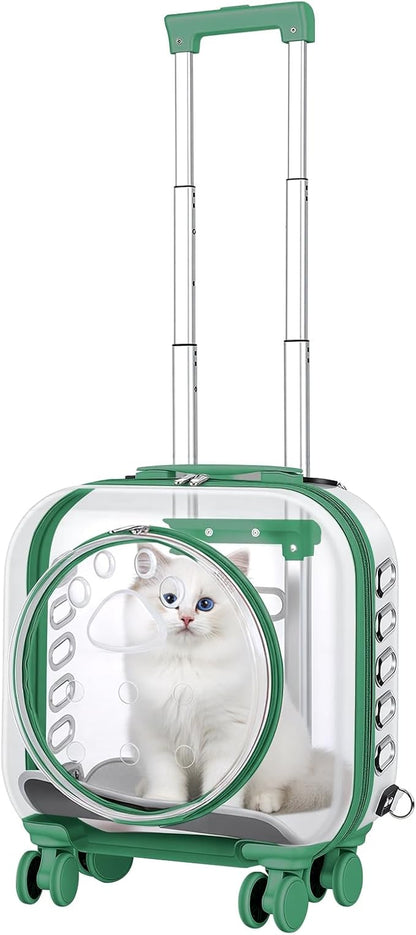 Pet Carrier with Wheels for Cats and Dogs, Clear Hard-Shell Rolling Pet Carrier with Retractable Handle, Airline-Approved Travel Carrier, Portable Cat and Dog Stroller (Green)