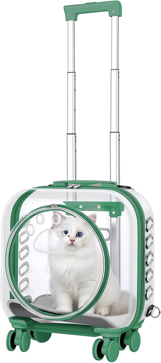 Pet Carrier with Wheels for Cats and Dogs, Clear Hard-Shell Rolling Pet Carrier with Retractable Handle, Airline-Approved Travel Carrier, Portable Cat and Dog Stroller (Green)