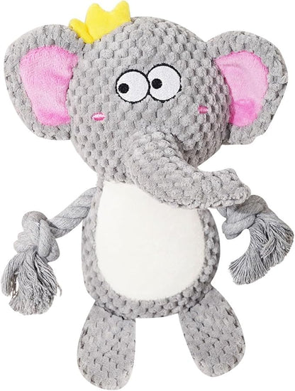 Cute Animals Interactive Squeaky Dog Toy with a Vocal Bladder, Crinkle Paper Stuffed Soft Cotton Chew Toy, Teething Rope Tug of War Pull Toy to Keep Them Busy for Puppy, Small Dogs - Gray Elephant