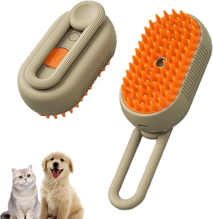 4-In-1 Cat Steam Hair Brush for Shedding & Grooming Rechargeable Pet Spray Hair Removal Comb, Massage, Cleaning, Shedding & Combing Cat Brush for All Long-Haired and Short-Haired Pets (Brown)