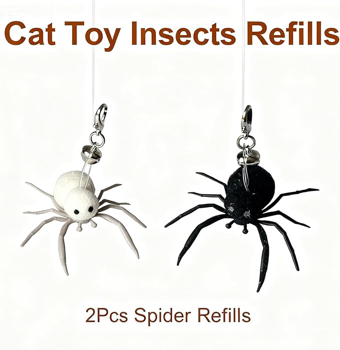 2Pcs Cat Toy Spider Refills – White & Black Heads with Bell/Lobster Claw, Feather Wand Replacement for Kitten Interactive Play