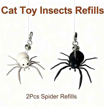 2Pcs Cat Toy Spider Refills – White & Black Heads with Bell/Lobster Claw, Feather Wand Replacement for Kitten Interactive Play