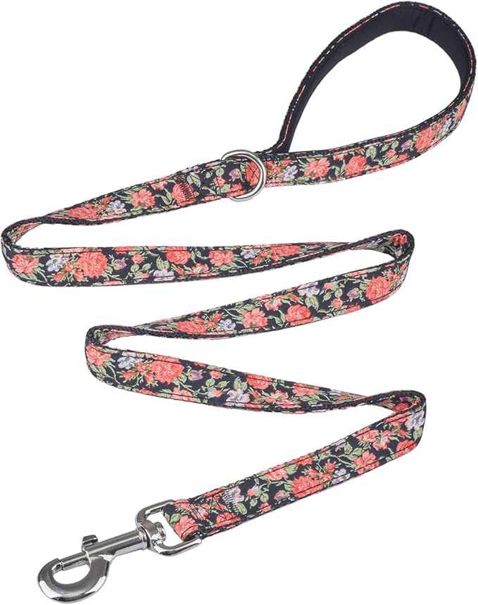 Black Floral Print Dog Leash - 4Ft Durable Nylon for Medium & Large Dogs, Lightweight (M, Black Floral)