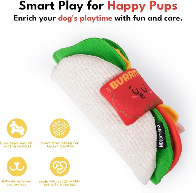 CHEWFFON Burrito Dog Toy, Enrichment Crinkle Treat Puzzle Toys, Interactive Nose Work Toy for Boredom and Stimulating, Durable & Pet-Safe Dog Toys, Snuffle Game for All Breeds