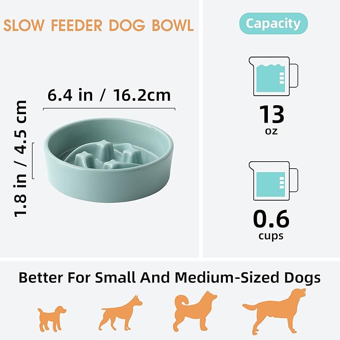 Ceramic Slow Feeder Dog Bowls Small Breed, 0.6 Cups Slow Eating Dog Bowl, Anti-Gulping Puppy Food Bowl Reduce Choking, Puzzle Maze Design Pet Dishes for Fast Eaters, 6.3 inch - Light Green