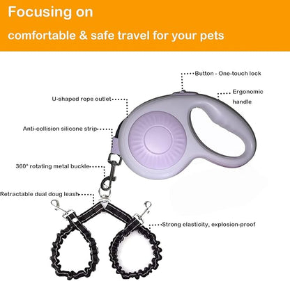 Double Dog Leash for Walking 2 Small Dogs (Up to 33 Lbs Each), Dual Retractable 9.8ft Extendable Strong Nylon Tape Pet Leash with Poop Bags, One-Handed Brake, Pause, Lock (Purple)