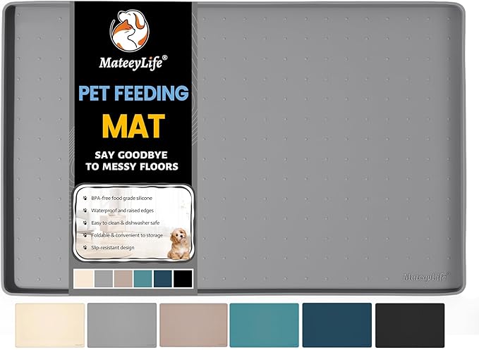 MateeyLife Dog & Cat Food Mat for Floors Waterproof, Nonslip Bowl Mats for Food and Water, Dog Feeding Mats with Raised Edges, Silicone Dog Water Matt Tray for Messy Drinkers, 18"x12", Grey