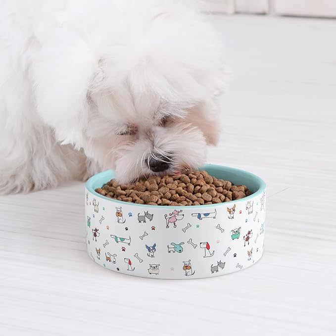Fun Elements Ceramic Dog Bowls - Large, 64 Fl Oz Heavy Duty, Adorable Dog Patterns (Large, Blue)