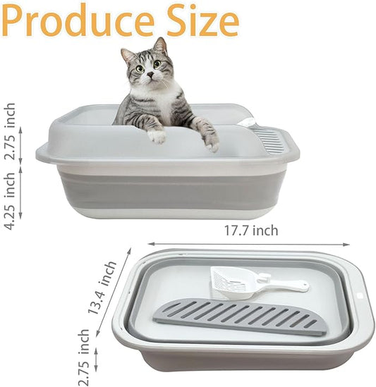 Collapsible Kitten Litter Box, Open High Sided Cat Potty Pan with Scoop Shallow Cat Toilet Anti-Splashing Low Entrance Travel Litter Box with Falling Sand Pedal for Kitty to Senior Cats