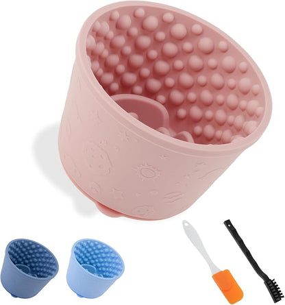 Slow Feeder Dog Bowls, Silicone Dog Lick Bowl with Brush & Scraper, Non-Slip Base Slow Feeder for Anxiety Alleviating & Oral Health, Pinkish Purple