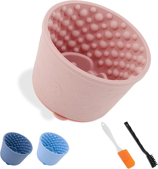 Slow Feeder Dog Bowls, Silicone Dog Lick Bowl with Brush & Scraper, Non-Slip Base Slow Feeder for Anxiety Alleviating & Oral Health, Pinkish Purple