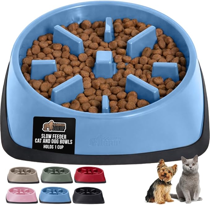 GORILLA GRIP Patented BPA Free Slow Feeder Dog Bowls, Interactive Puzzle Toy for Dogs and Cats Food Training Enrichment, Keeps Pets Busy and Prevents Puppy Overeating, Small Breeds, 1 Cup, Light Blue