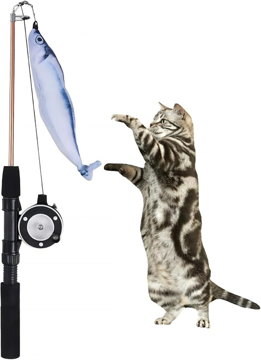 Retractable teaser cat stick, extra long fish & feather decorative cat fishing pole shape teaser cat stick, cat feather interactive toys, toys are replaceable, adjustable line length. (Pacific saury)